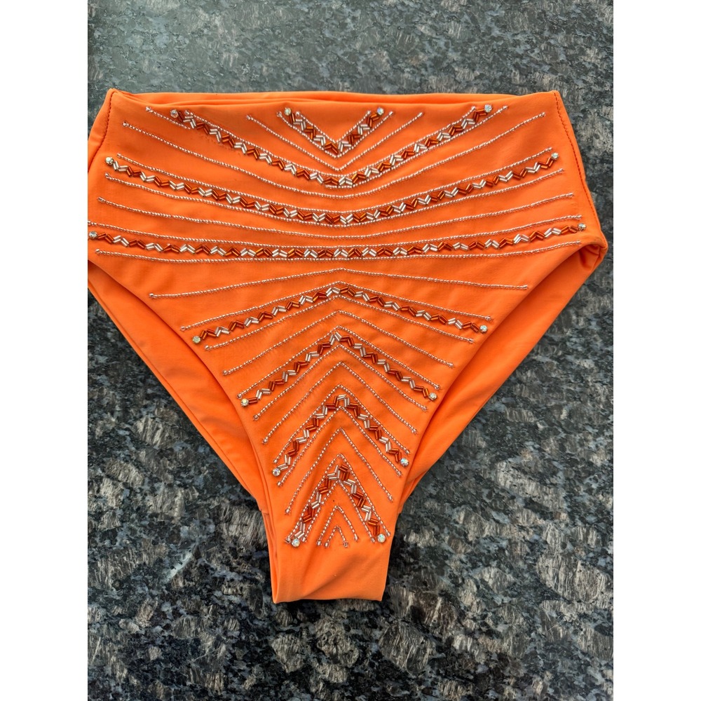 Oceanus Swimwear Orange Beaded High Waisted Bikini Bottoms Small Rhinestone New